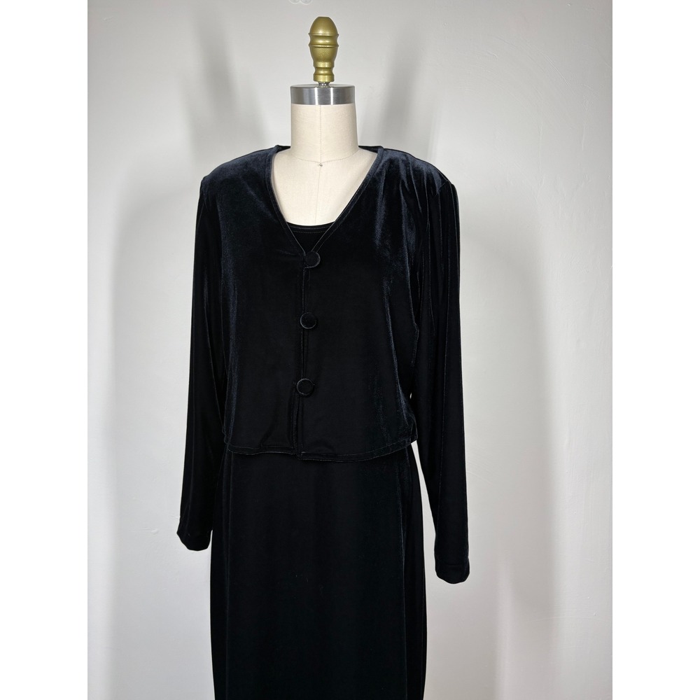 Vintage 90s Black Velvet Maxi Dress Set 10P Black Velvet Stretchy Cardigan Y2K
